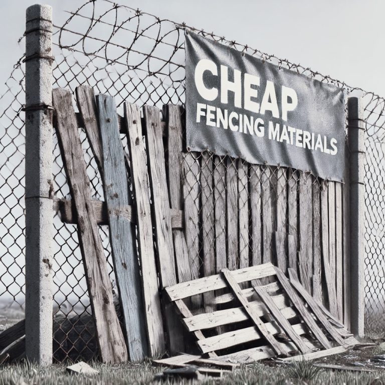 Chain-link fence with barbed wire, banner advertising "Cheap Fencing Materials," and stacked wooden planks.