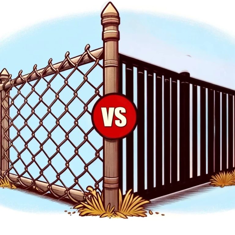 Comparison between a chain-link fence and a black metal fence with "VS" symbol in a blue sky background.