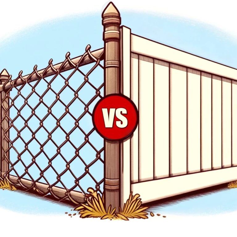 Chain-link fence on left and white vinyl fence on right, separated by post with VS symbol.